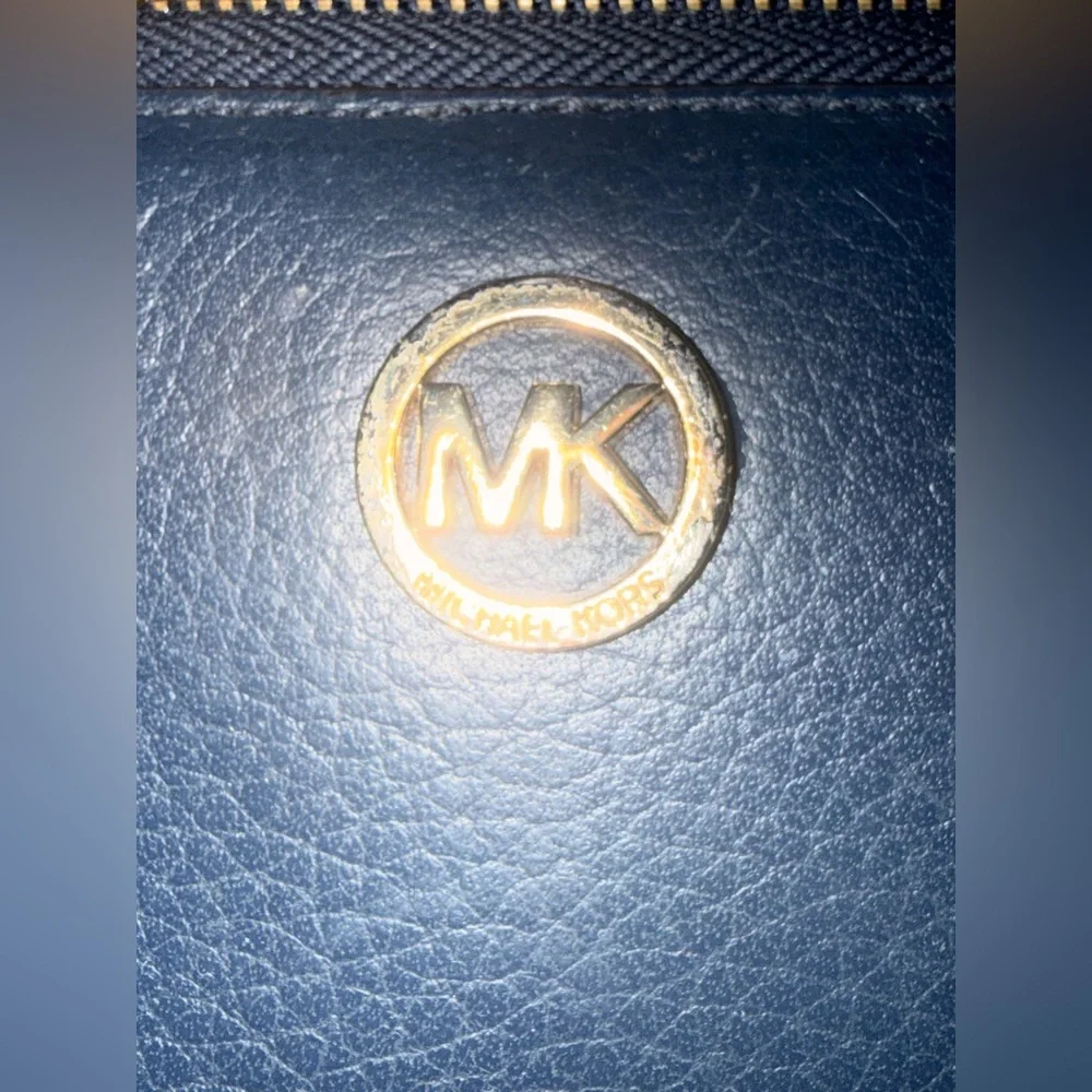 Michael Kors Dark Blue Pebbled Leather Zip Wallet with Gold MK Emblem